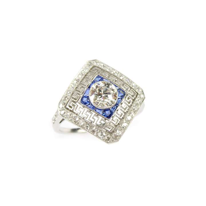 Early 20th century diamond and sapphire square cluster ring